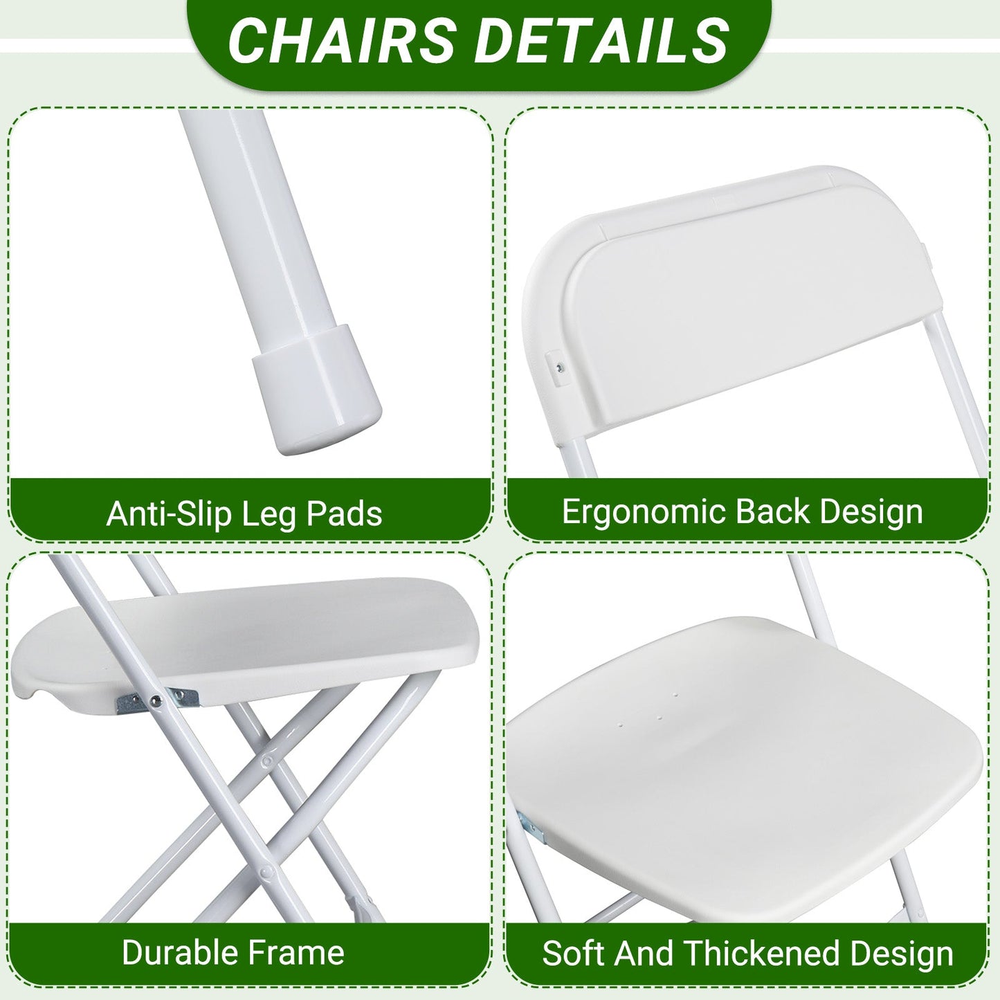 10 Pack Folding Chairs Stackable Wedding Party Event Chair With Plastic Seat and Back for Adults, White