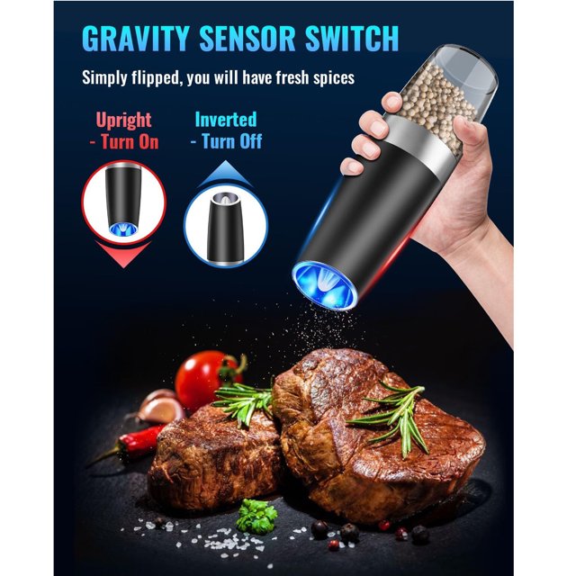 2 Pack Gravity Electric Pepper and Salt Grinder Set, Angivlga Adjustable Coarseness, Battery Powered with LED Light, One Hand Automatic Operation