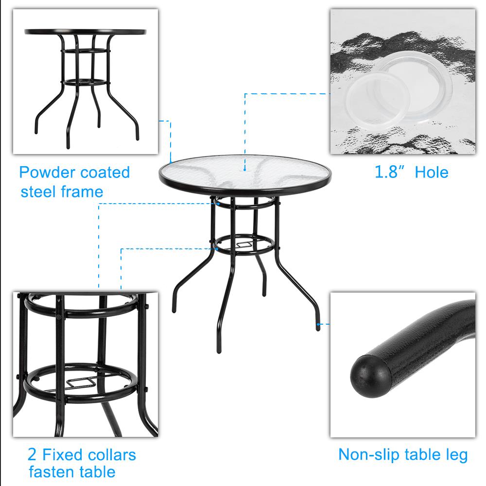 31.5 In Outdoor Glass Table, Patio Round Table, Dining Table with Tempered Glass Tabletop for Indoor, Steel Frame for Yard Lawn Porch Balcony