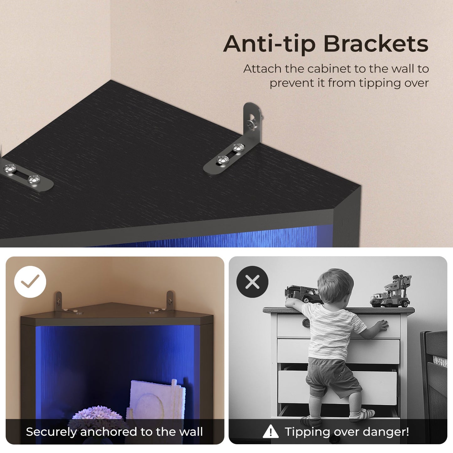 FCH 5-Tier Corner Bookshelf Corner Bookcase Display Storage Rack with LED USB Ports Outlets Black