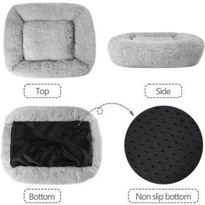 QKURT Cat Bed for Indoor Cats, Small Dog Beds for Small Dogs, Soft Long Plush Cushion Washable Puppy Bed,Self-Warming Square Cat Bed Anti-Slip Bottom Cushion (26 x 22 x 8 inch, Grey)