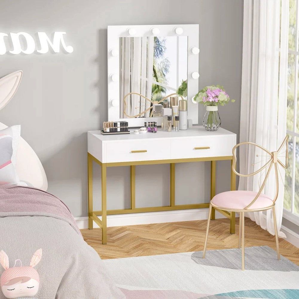 Zimtown Wood Vanity Set Makeup Table with Lighted Mirror Dressing Table Dresser Desk with 2 Drawers for Bedroom (White)