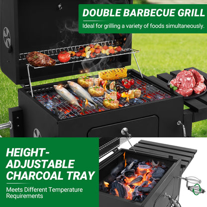 BBQ Charcoal Grill Outdoor Barbecue Pit Smoker with Double Grill,Liftable Charcoal Tray