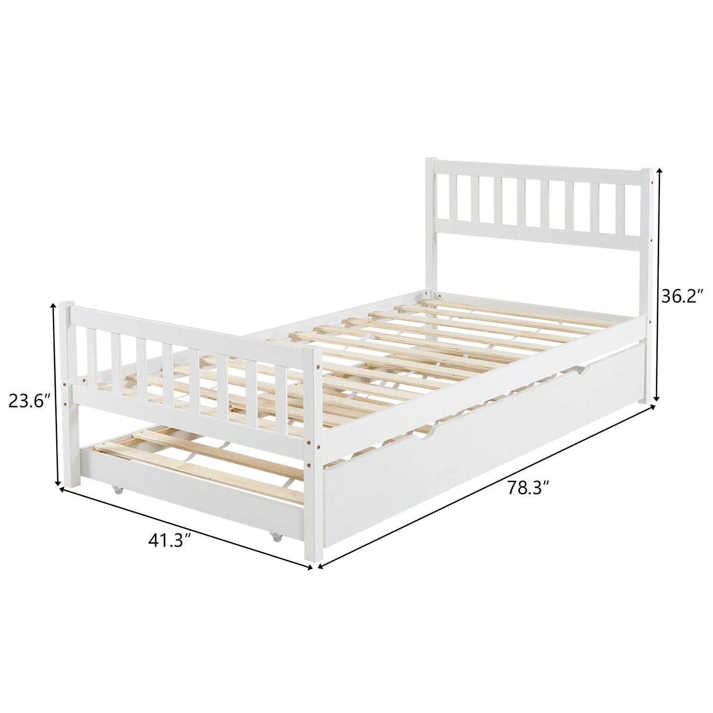 Zimtown Twin Bed with Trundle, Solid Wood Bed Frames with Headboard and Wooden Slats Support, Twin Trundle Bed Frame Roll Out, White