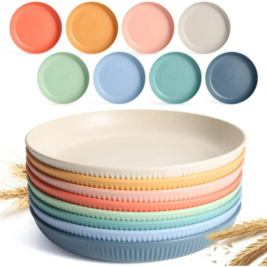 8 PACK 9 Inches Lightweight Wheat Straw Plates, Lightweight Unbreakable Kitchen Plate Sets, Dishwasher and Microwave Safe Plates Wheat Straw Plates