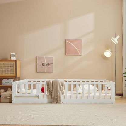 Zimtown Montessori Floor Bed Frame, Full Size Kids Toddler Bed with Fence and Door, Wooden Platform Bed, White