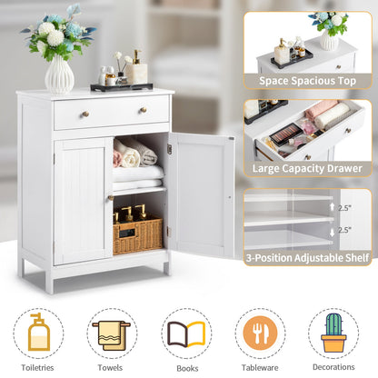 Zimtown White Wooden 2-Door Bathroom Cabinet Storage Organizer with 2 Shelves& 1 Drawer Free Standing