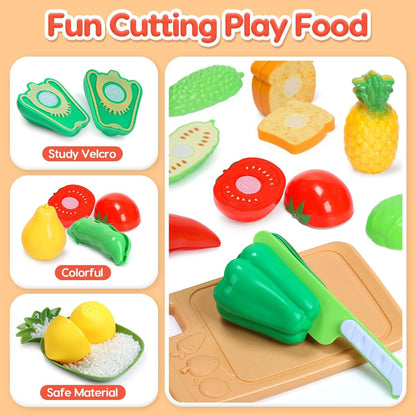 JUGAAD LIFE Play Food Set for Kids Kitchen, Pretend Play Food Toy with Basket, Cutting Food Fruits and Vegetables Toys, Christmas Birthday Gift for Toddlers Girls Boys