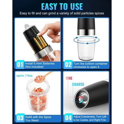 2 Pack Gravity Electric Pepper and Salt Grinder Set, Angivlga Adjustable Coarseness, Battery Powered with LED Light, One Hand Automatic Operation