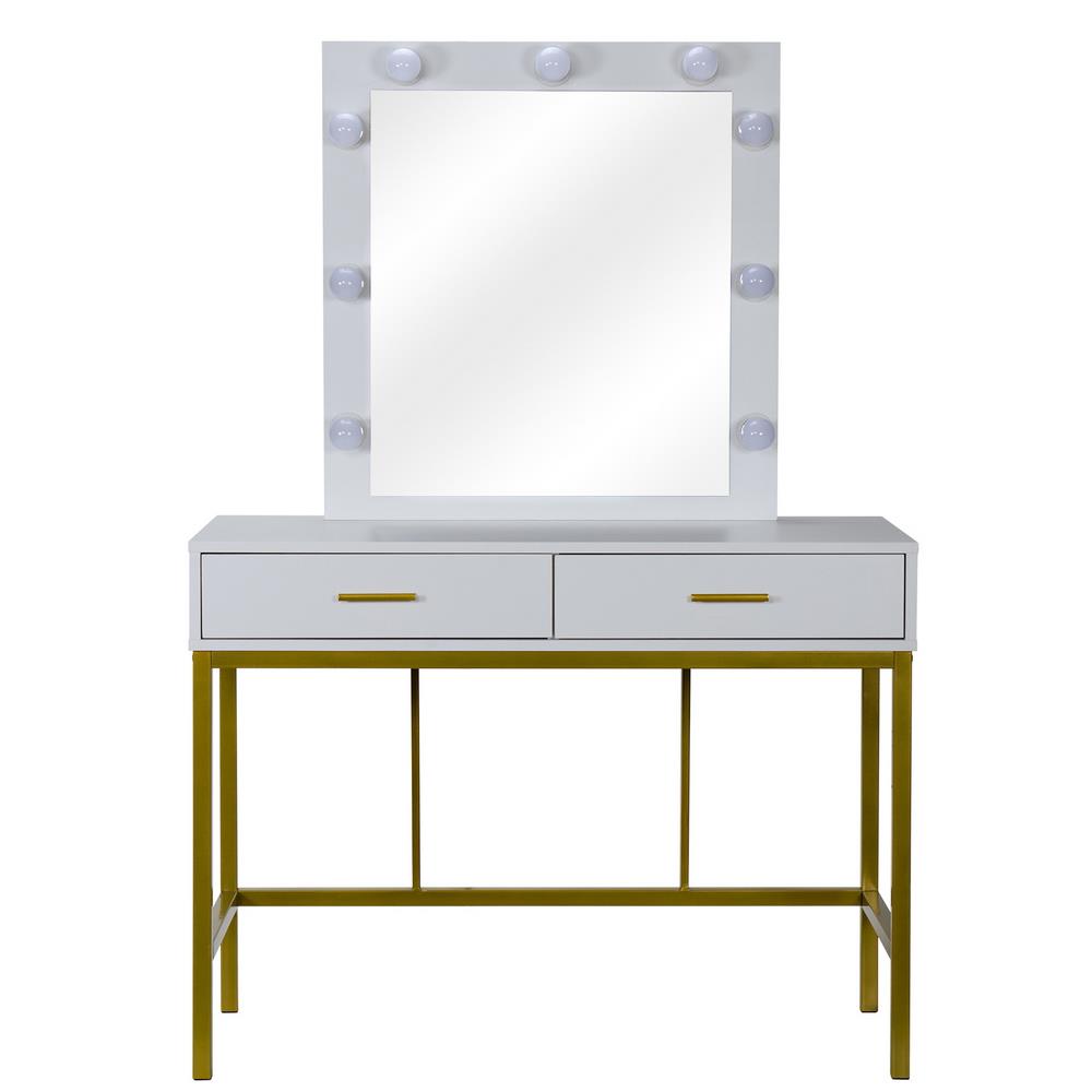 Zimtown Wood Vanity Set Makeup Table with Lighted Mirror Dressing Table Dresser Desk with 2 Drawers for Bedroom (White)