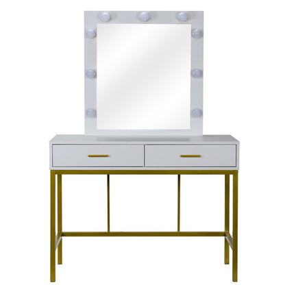 Zimtown Wood Vanity Set Makeup Table with Lighted Mirror Dressing Table Dresser Desk with 2 Drawers for Bedroom (White)