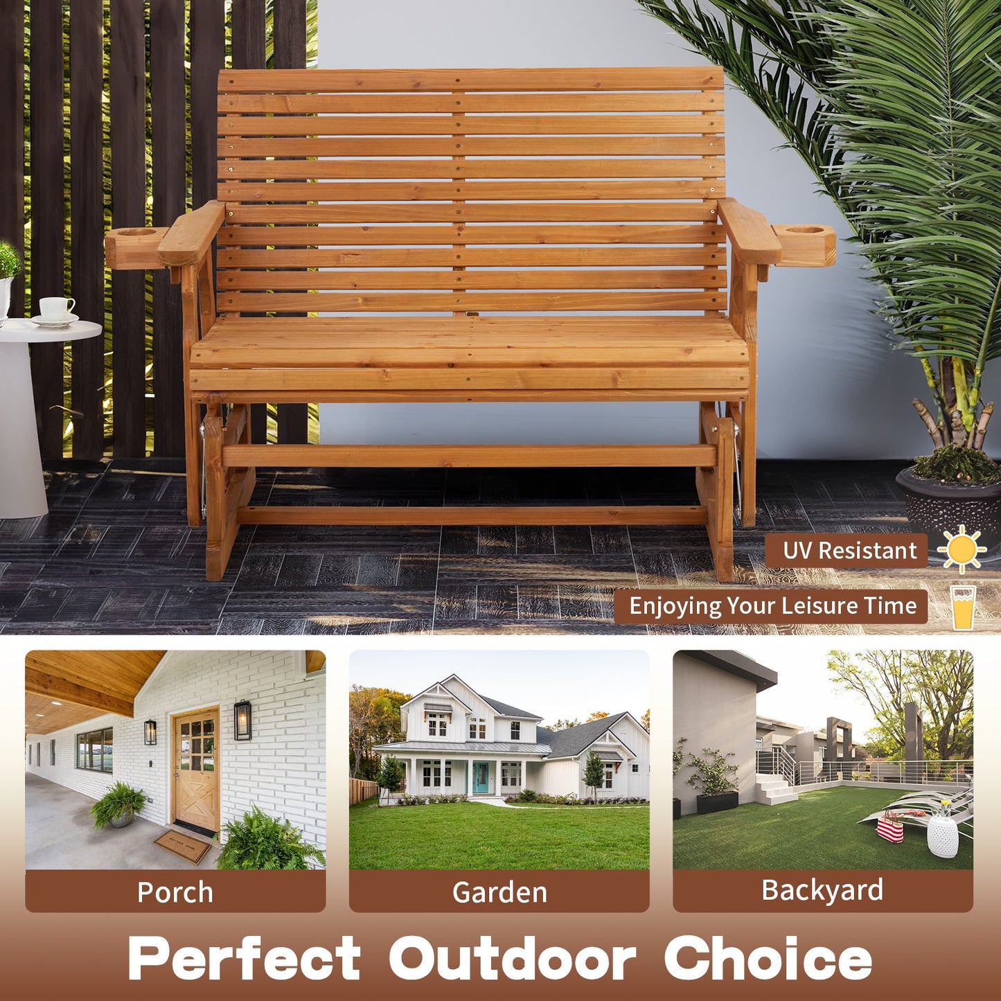 Outdoor Swing Glider Chair,2-Person Patio Wooden Glider Bench with Cup Holder