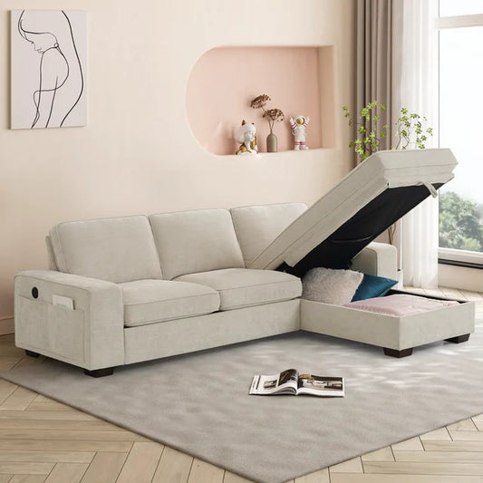 99" Convertible Sectional Sofa,Chenille L Shape Sofa, Modern Couch w/USB & Type-C Chargers, Side Pockets, Washable Cushion Cover, Couch for Living Room Bedroom,Small Space(Beige)