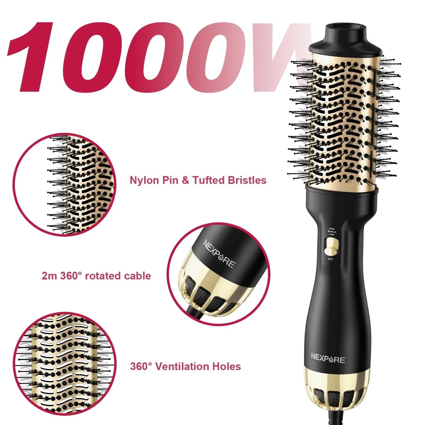 NEXPURE Hair Dryer Brush, 4 in 1 Blow Dryer Brush with Negative Ion Anti Frizz Ceramic Titanium Barrel Hot Air Brush for Hair Styling