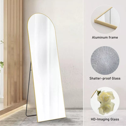 GlasFlength Full Length Mirrors Floor Standing Mirror, Wall Mirror with Stand Aluminum Alloy Thin Frame, Arched Gold 64"*13.7"*21"