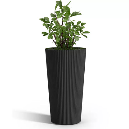 Maggift Planters Tall Planters, 2PCS Indoor Planter Pot Outdoor, Large Flower Pot Cone Striped Plastic Flower Pot , Black 13"*13"*23.6"
