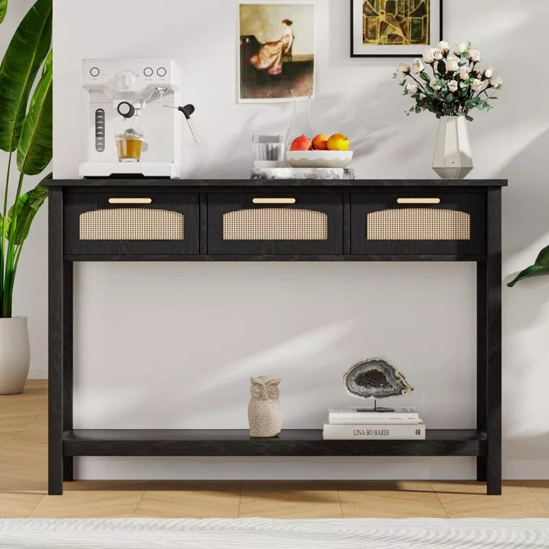 Glasflength Decorative Storage Cabinets, Mid Century End Table with Drawer, Living Room Rattan Storage Table, Kitchen Cabinet, Black 47.2"*11.8"*32.1"