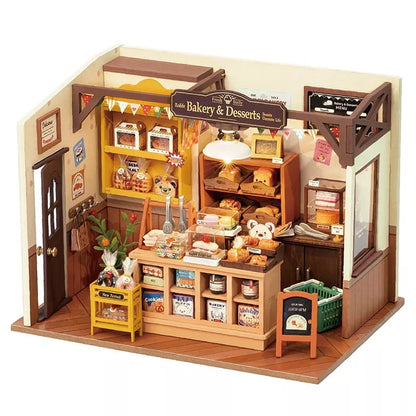 ROBOTIME DIY Miniature Dollhouse Kit Becka's Baking House Birthday, Brown, 8.5"*5.9"*6.2"