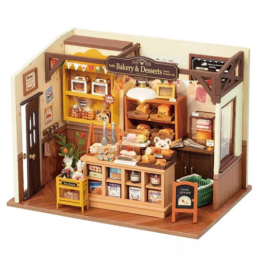 ROBOTIME DIY Miniature Dollhouse Kit Becka's Baking House Birthday, Brown, 8.5"*5.9"*6.2"
