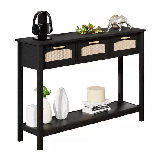 Glasflength Decorative Storage Cabinets, Mid Century End Table with Drawer, Living Room Rattan Storage Table, Kitchen Cabinet, Black 47.2"*11.8"*32.1"
