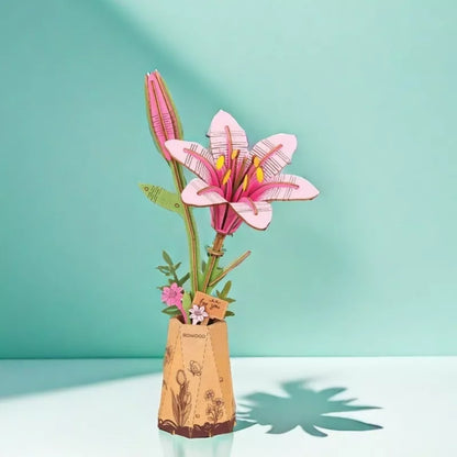 Robotime 3D Puzzles Pink Lily DIY Model Building Kits Artifical Flower Toys for Thanksgiving Mother's Day, Multicolored, 9.65"*6.5"*1.65"