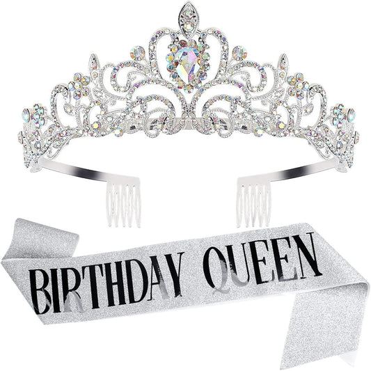 HOWAF Birthday Tiara for Women, Tiara for Women AB Rhinestone, Happy Birthday Queen Tiara for Women Birthday Crown Sash 2 Pack, Silver