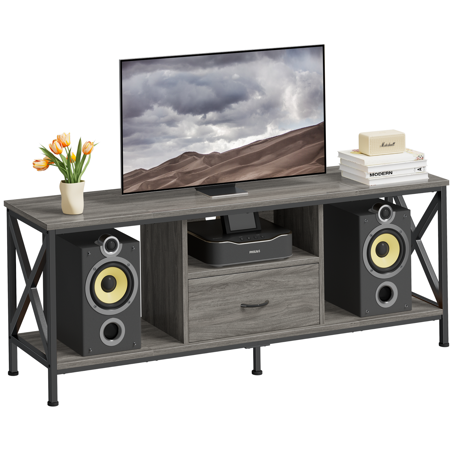 JOZ 65 inch TV Stand for TVs up to 75 inch with 2 Shelves and Storage Drawers, Rock Gray