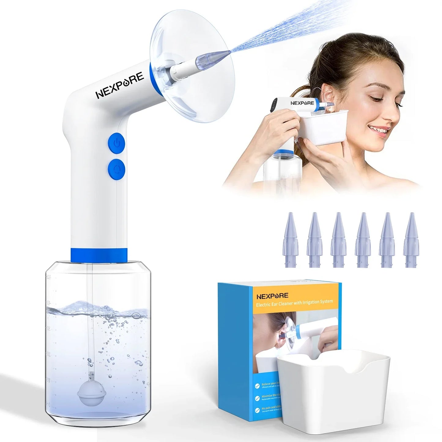 NEXPURE Ear Wax Removal, Ear Cleaning Kit,4 Cleaning Modes, One-Touch Start Water Spray,5 Ear Tips  Ear Basin