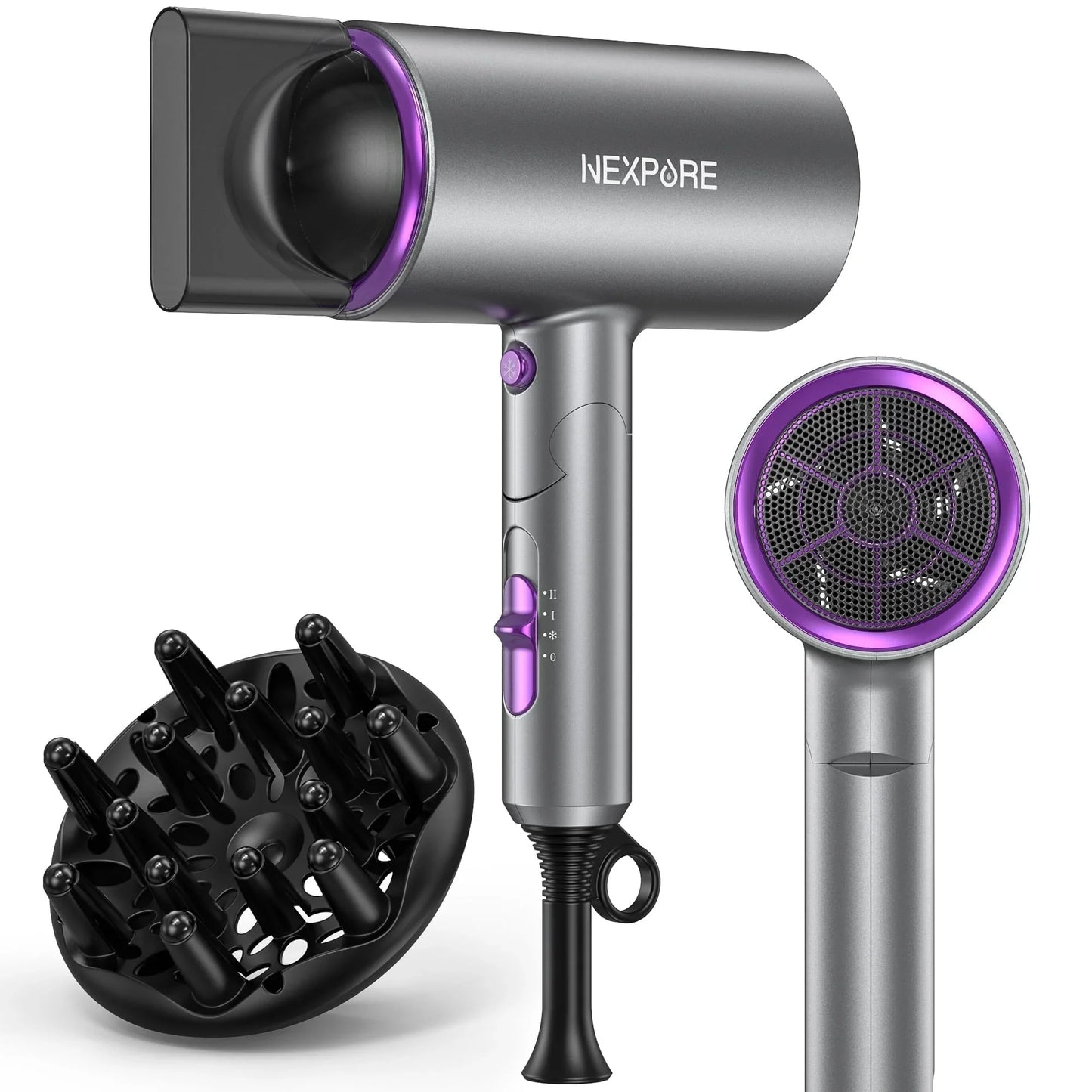 NEXPURE New Upgrade Professional Ionic Hair Dryer, 2000W Powerful Blow Dryer with Diffuser and Concentrator Attachments, Suitable for Home and Travel, Purple