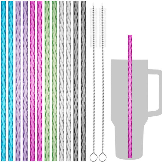 NiHome 12PCS Wave Pattern Plastic Drinking Straws for Stanley 40oz Tumbler with 2 Cleaning Brushes, 12 Long Durable PETG BPA-Free & Non-Toxic for Water, Cold Drinks, Milkshakes(Mixed Colors)