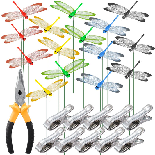 NiHome 15PCS Decorative Dragonfly Clips Decor for Garden, 9.8 Long Multicolor Waterproof Outdoor & Indoor Use, Versatile Clip-On Plant Decoration & Fly Deterrent, Includes Pliers for Easy Attachment