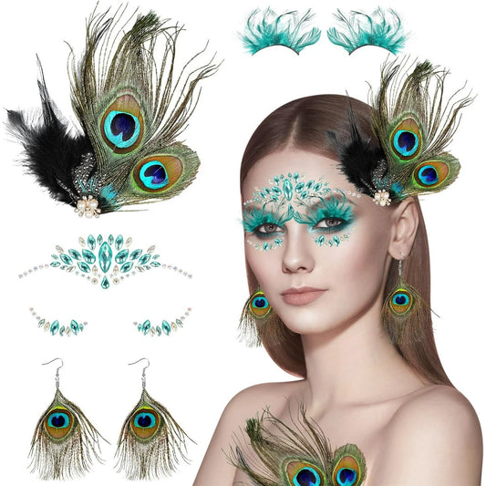 Peacock Feather Jewelry Set for Women, Green Fascinator Feather Clip Earring Big Eyelashes and Glitter Face Jewels Makeup Stickers for Halloween Carnival Festival Party Hair Face Decorations