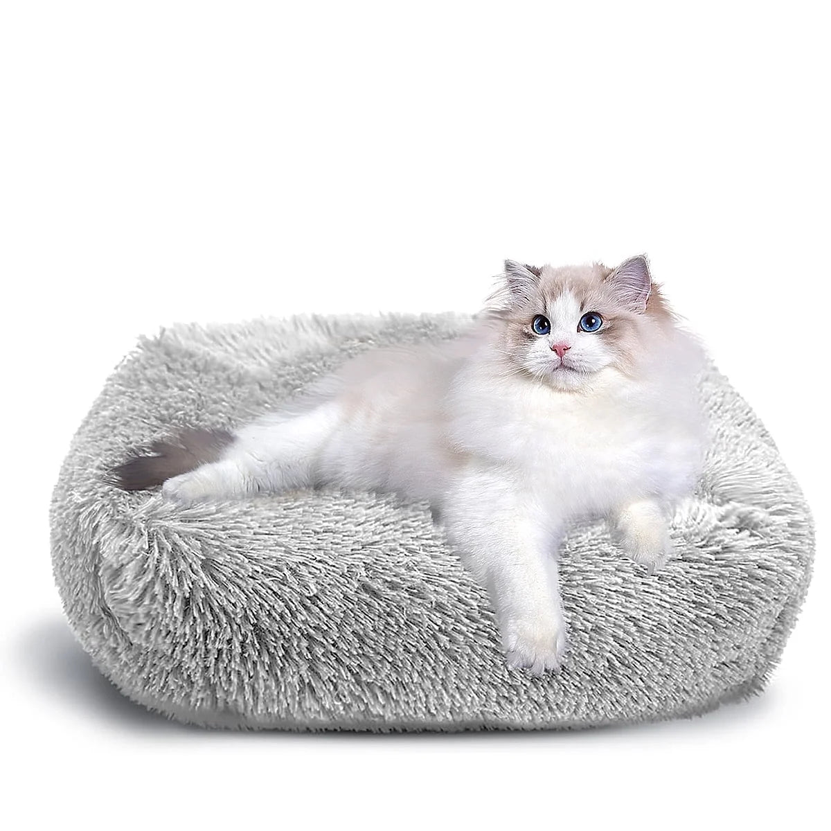 QKURT Cat Bed for Indoor Cats, Small Dog Beds for Small Dogs, Soft Long Plush Cushion Washable Puppy Bed,Self-Warming Square Cat Bed Anti-Slip Bottom Cushion (26 x 22 x 8 inch, Grey)