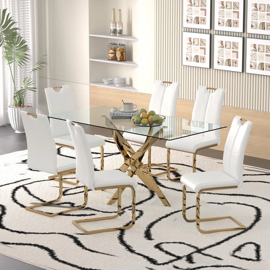 Sumdeal 63 Glass Dining Table Set for 6,Gold Base Dining Room Table with 6 Gold Leg C Shape Chairs