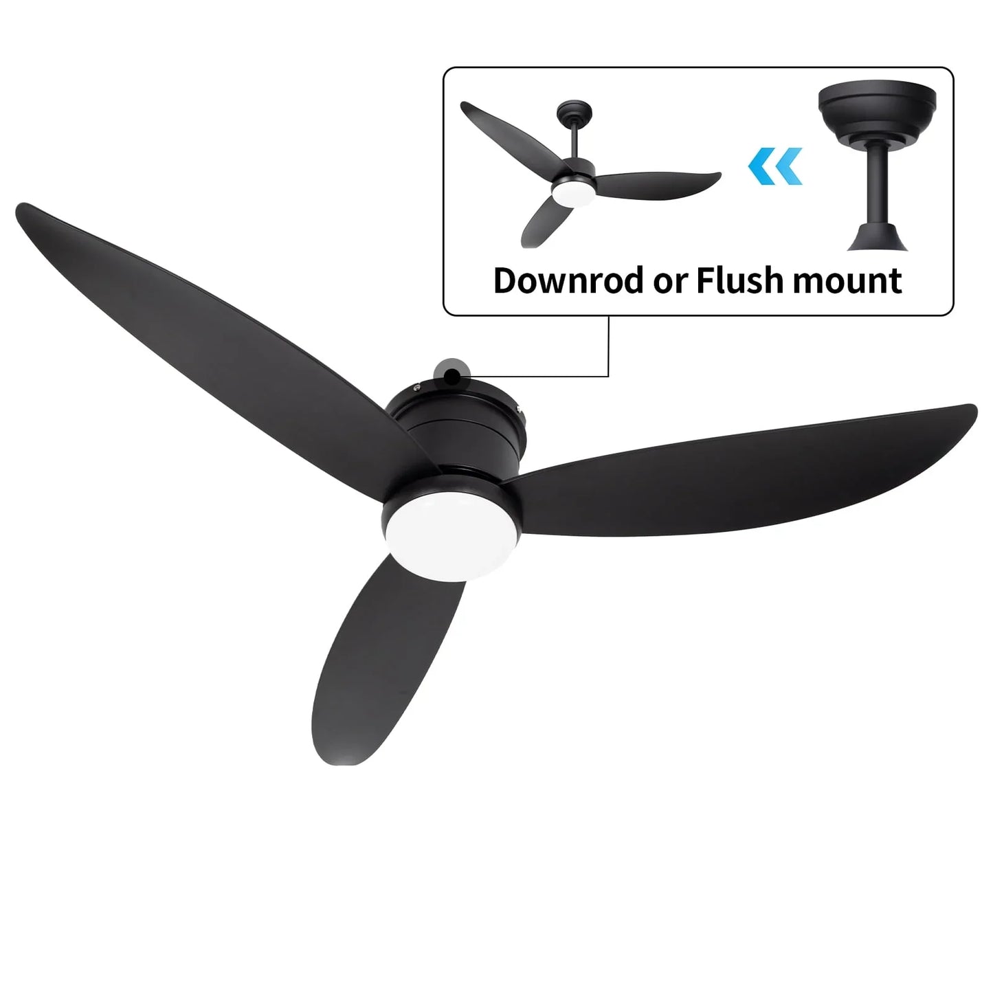 Wozzio 52'' Black Ceiling Fan with Light and Remote Control, 2 Options Installations, 3 ABS Fan Blades, Home
