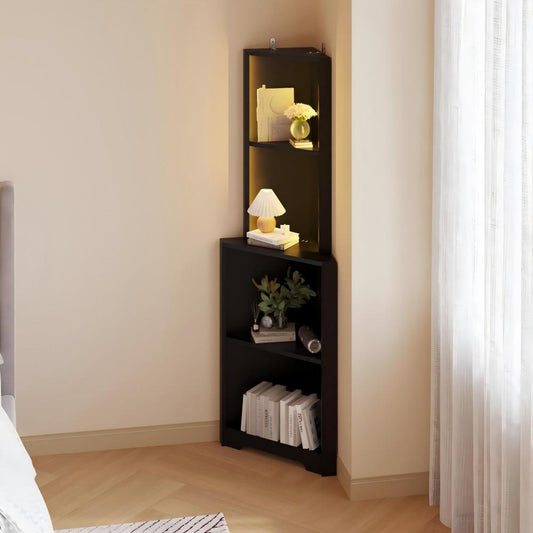 FCH 5-Tier Corner Bookshelf Corner Bookcase Display Storage Rack with LED USB Ports Outlets Black