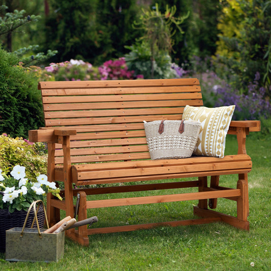 Outdoor Swing Glider Chair,2-Person Patio Wooden Glider Bench with Cup Holder