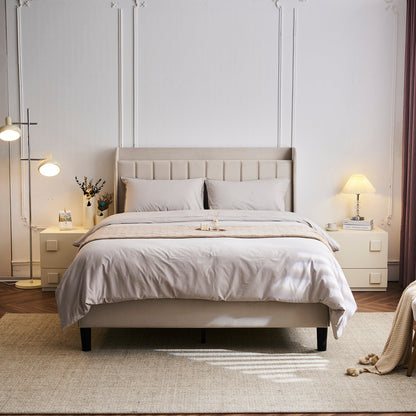 Queen Bed Frame with Charging Station, Platform Bed Frame with Upholstered Headboard, Modern Deluxe Wingback, Wood Slat Support, Mattress Foundation, Beige