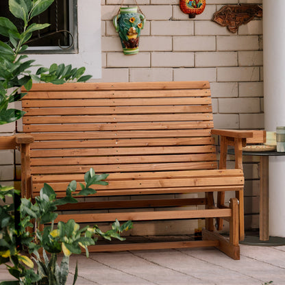 Outdoor Swing Glider Chair,2-Person Patio Wooden Glider Bench with Cup Holder
