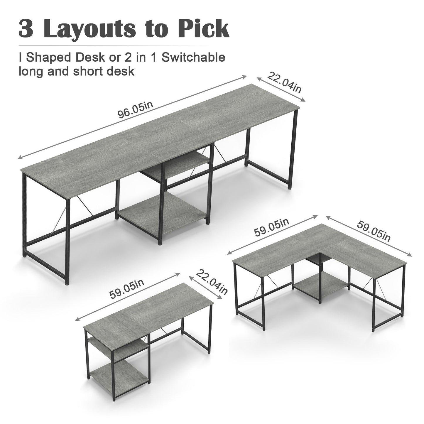 JOZ 59in Two-Way Convertible Desk with Lower Storage Shelf, Rock Gray Wood Grains Finish and Black Metal Frame
