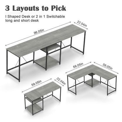 JOZ 59in Two-Way Convertible Desk with Lower Storage Shelf, Rock Gray Wood Grains Finish and Black Metal Frame