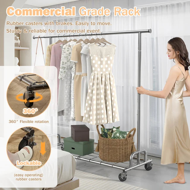 JOZ 450 lbs Heavy Duty Commercial Garment Rack with Shelves, Adjustable Rolling Clothes Rack - Chrome Finish