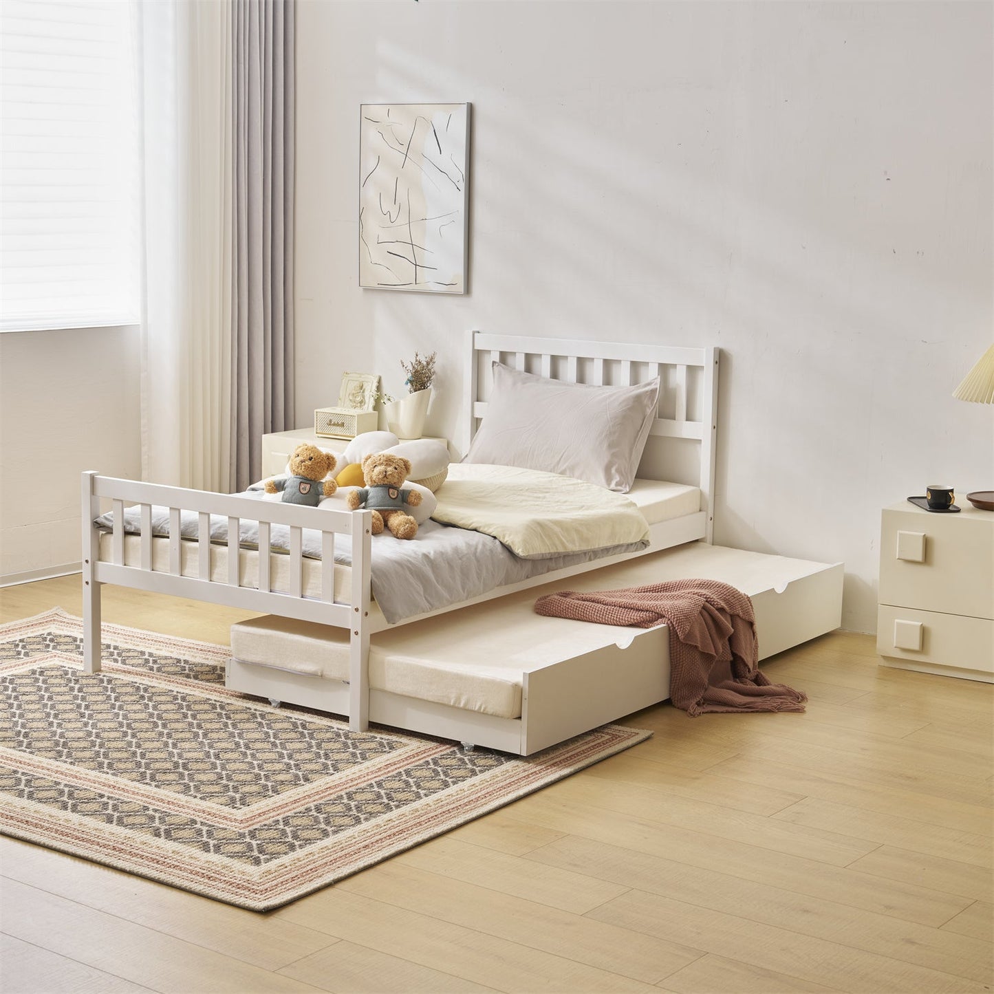 Zimtown Twin Bed with Trundle, Solid Wood Bed Frames with Headboard and Wooden Slats Support, Twin Trundle Bed Frame Roll Out, White