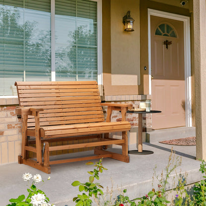 Outdoor Swing Glider Chair,2-Person Patio Wooden Glider Bench with Cup Holder