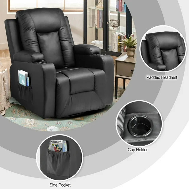 COMHOMA Swivel Rocker Recliner Chair,, 35.8" Wide PU Leather Rocking Sofa with Heated Massage, Black