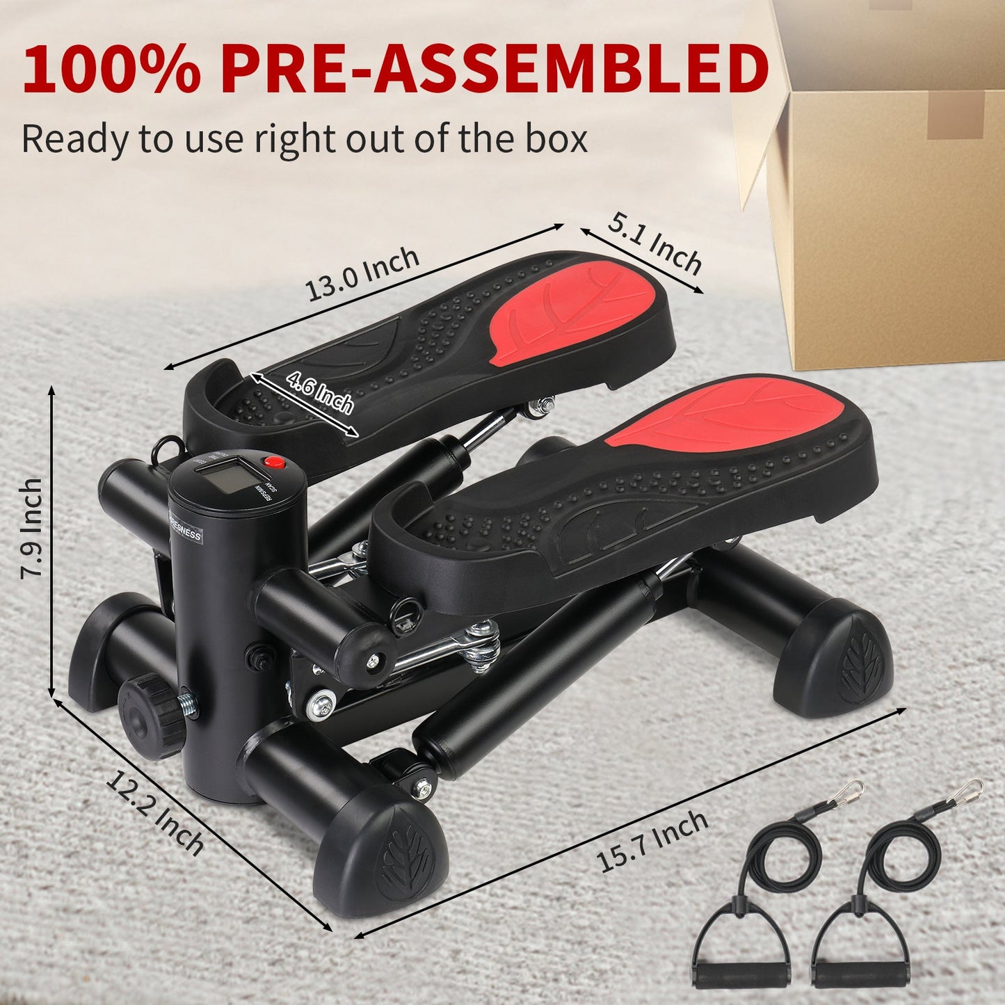 Zimtown Mini Stair Stepper with Resistance Bands, Portable Stepper Exercise Machine, Adjustable Resistance Design, Red