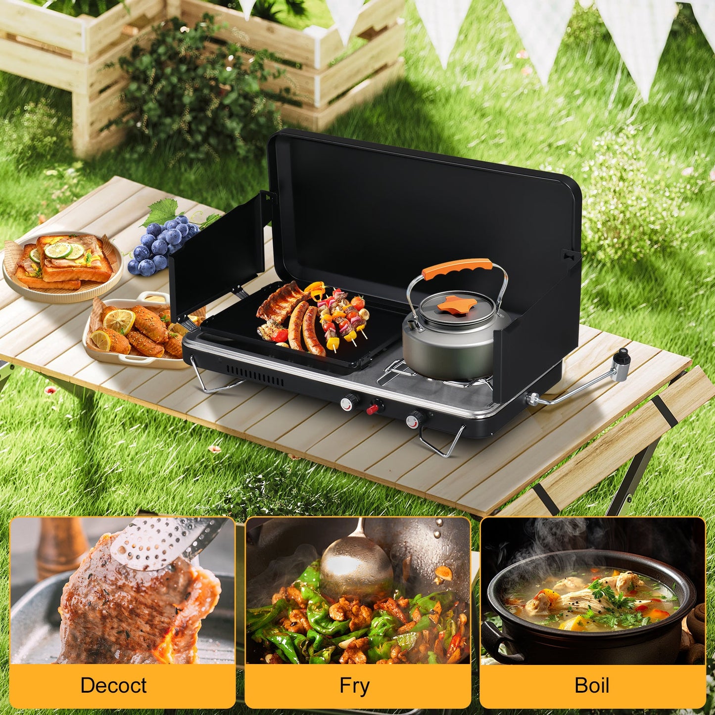 Tabletop 2-in-1 Camping Griddle/Stove Propane Stove Camping Portable Griddle Burner w/ Windpanel