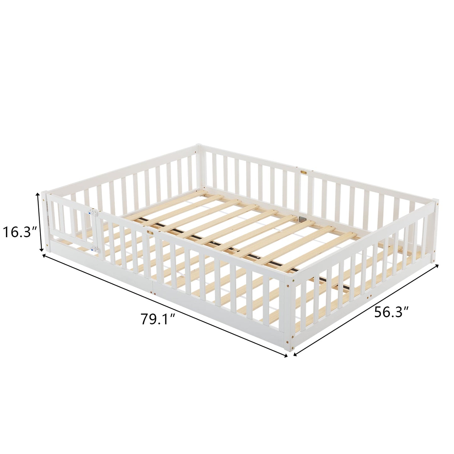 Zimtown Montessori Floor Bed Frame, Full Size Kids Toddler Bed with Fence and Door, Wooden Platform Bed, White
