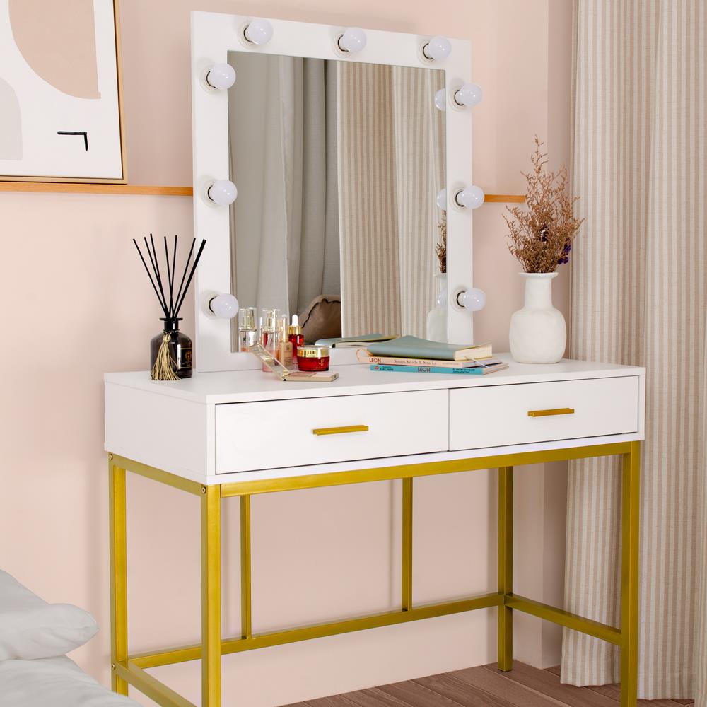 Zimtown Wood Vanity Set Makeup Table with Lighted Mirror Dressing Table Dresser Desk with 2 Drawers for Bedroom (White)