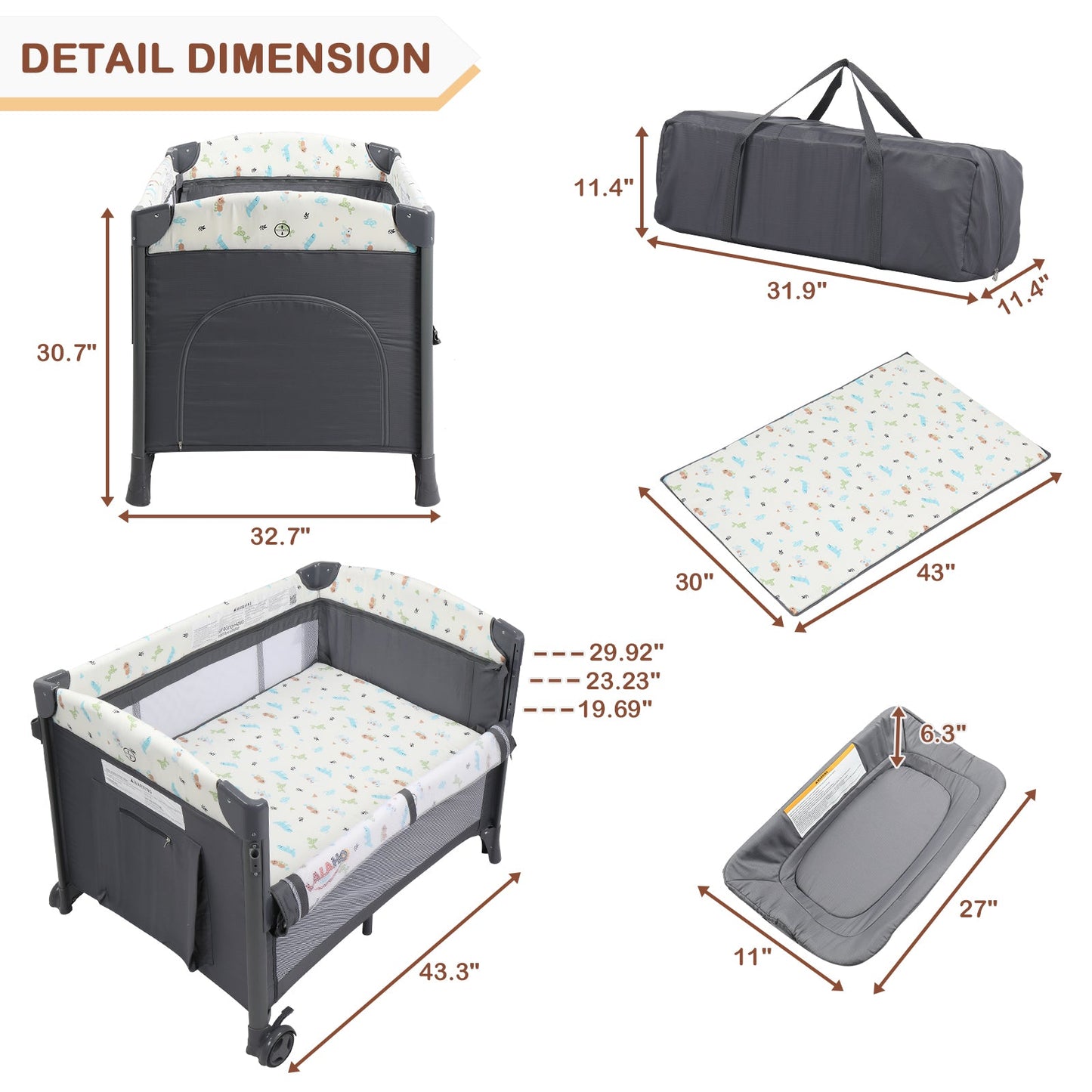 Zimtown 4-in-1 Wide Baby Bassinet Bedside with Mattress, Portable Baby Crib for Newborn to Toddlers, Gray
